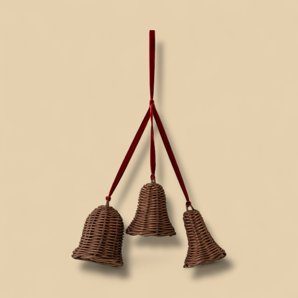 McGee & Co Talley Woven Bells Set of 3 - Dark Brown Rattan & Velvet Ribbon‎